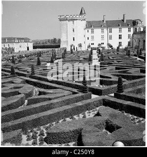 1950s, historische Ansicht der Gärten von Chateau de Villandry, Frankreich. Das Schloss wurde von der Loire während der Renaissance für Jean le Breton erbaut. Stockfoto