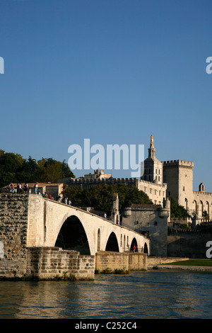 Blick über St. Benezet Brücke, Palais des Papes und Rhône, Avignon, Vaucluse, Provence, Frankreich. Stockfoto