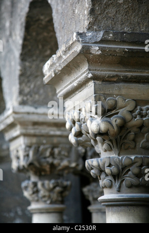 Steinschnitzereien in den Spalten des Klosters in Abbaye de Montmajour, Provence, Frankreich. Stockfoto