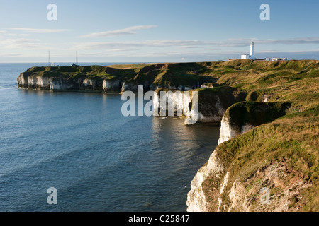 Der Leuchtturm am Flamborough Head vom Küstenweg, Flamborough, East Yorkshire Stockfoto