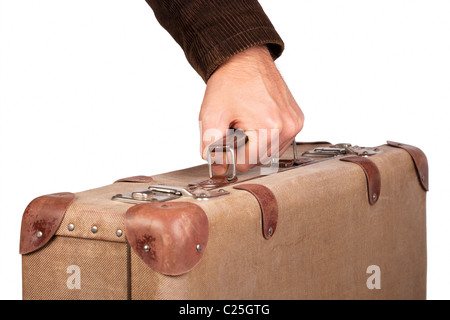 Vintage braun Koffer isoliert auf weißem Hintergrund Stockfoto