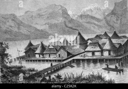 Stelzenläufer Häuser Dorf am Bodensee, Deutschland, historische Abbildung, 1877 Stockfoto
