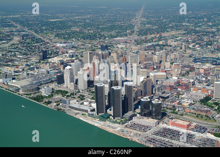 Luftaufnahme der Innenstadt von Detroit Michigan und Detroit River USA Stockfoto