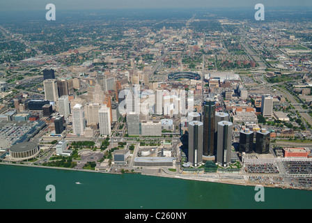 Luftaufnahme der Innenstadt von Detroit Michigan und Detroit River USA Stockfoto