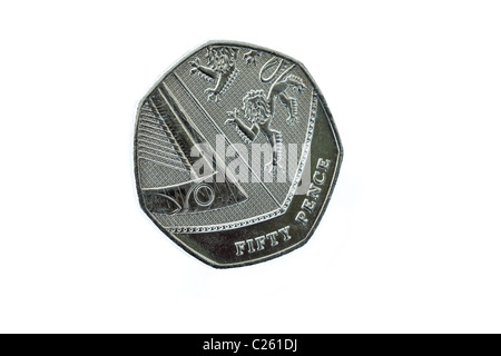 Großbritannien, England, Europa. Unterseite des ein Heptagon fünfzig Pence Münze 50p Tails Seite nach oben Stockfoto