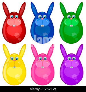 Sechs farbige Frohe Ostern Tag Bunny Eiern Illustration Stockfoto