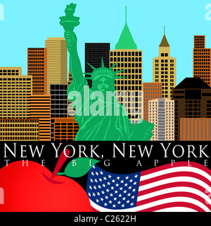 New York Skyline von Manhattan mit Freiheitsstatue Liberty farbigen Illustration Stockfoto