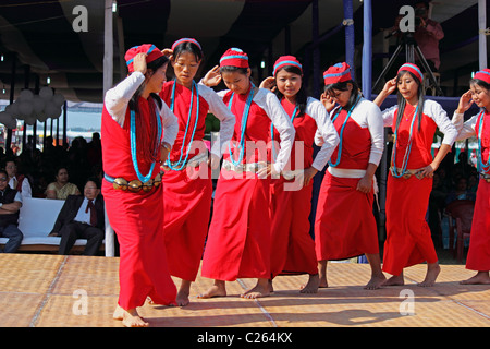 Tagin Frauen, Stämme Tanz am Namdapha Eco Kulturfestival, Miao, Arunachal Pradesh, Indien Stockfoto