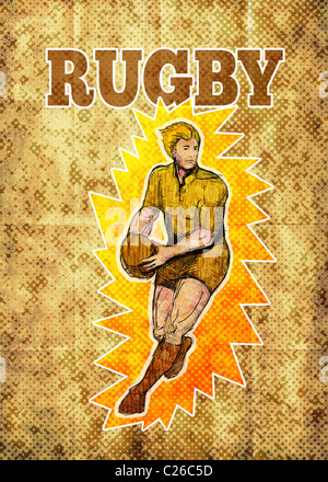 Beispiel für ein Rugby-Spieler vorbei Kugel mit Grunge-Textur im Hintergrund laufen Stockfoto