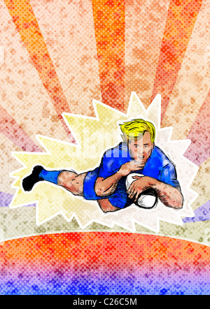 Beispiel für ein Rugby-Spieler um einen Versuch mit Grunge Texturen und Sunburst Hintergrund und Worte Rugby zählen Tauchen Stockfoto