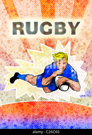 Beispiel für ein Rugby-Spieler um einen Versuch mit Grunge Texturen und Sunburst Hintergrund und Worte Rugby zählen Tauchen Stockfoto