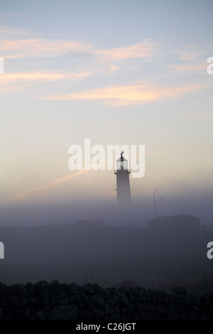 Der alte Leuchtturm Leuchtturm peering über eine Bank von dichtem Nebel auf Lundy Island, Devon, England UK im März Stockfoto