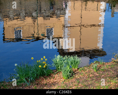 Gebäudes spiegelt sich im Wasser des Flusses Tavy, Tavistock, Devon, UK Stockfoto