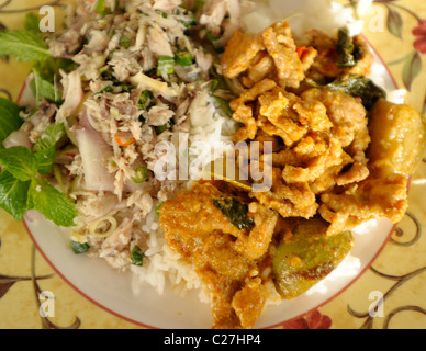 Fisch Salat und Panang Curry oben auf Reis, thai Fast-Food, Suppen, Bangkok, thailand Stockfoto