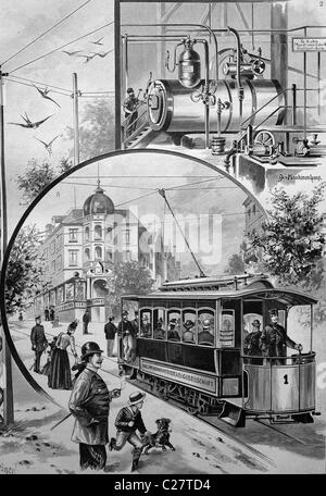 Die elektrische Straßenbahn in Stuttgart, Baden-Württemberg, Deutschland, historische Abbildung, ca. 1893 Stockfoto