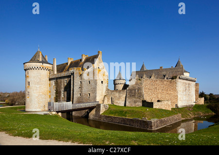 Französisches Schloss, Chateau de Suscinio auf der Halbinsel Presqu'ile de Rhuys in Morbihan, Bretagne, Frankreich, Europa Stockfoto