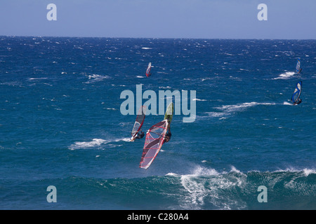 Invertiert. Extreme Windsurfen am Schnorcheltaucher berühmten Hookipa Beach, befindet sich auf der windigen North Shore. Stockfoto