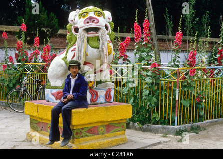 Junge sitzt vom Palast Hund, Norbulingka Palast, Lhasa, Tibet, China Stockfoto
