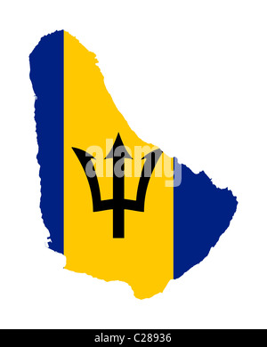 Illustration des Barbados Flagge auf der Karte des Landes; isoliert auf weißem Hintergrund. Stockfoto