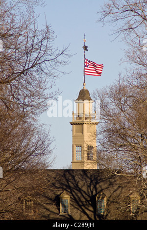 Kuppel mit einer Wetterfahne, Blitzableiter und großen Anschluß-Markierungsfahne auf die Kolonialhauptstadt Gebäude in Williamsburg Virginia Stockfoto