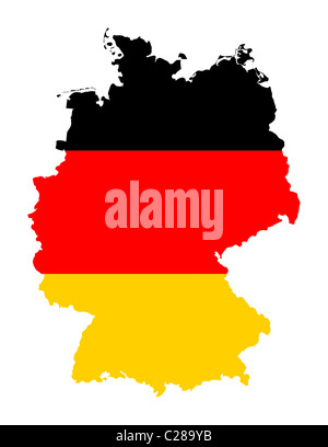 Illustration des Deutschland-Flagge auf der Karte des Landes; isoliert auf weißem Hintergrund. Stockfoto