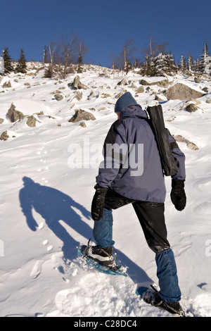 Kletterer auf Schneeschuhen (Schneeschuhe) zu Fuß in den Berghang. Winterwald. Russland. Ural-Gebirge. Nationalpark Taganay. Stockfoto