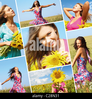 Collage aus Fotos mit schönen Frau unter den Sonnenblumen Stockfoto