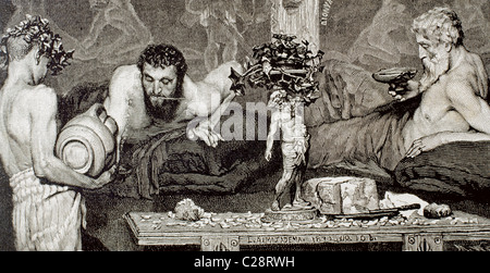 Antiken Rom. Junge Sklavin Patrizier, die liegen auf einem Triclinium während eines Banketts serviert. Stockfoto