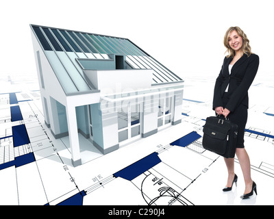 feine 3D-Bild modernes Haus auf Blaupause Hintergrund und Frau Stockfoto