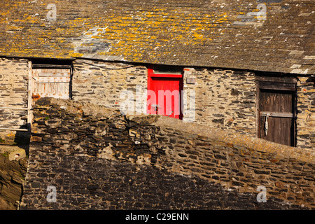 Rote Tür, Fisherman's Store, Port Isaac, Portwenn, Cornwall. Stockfoto