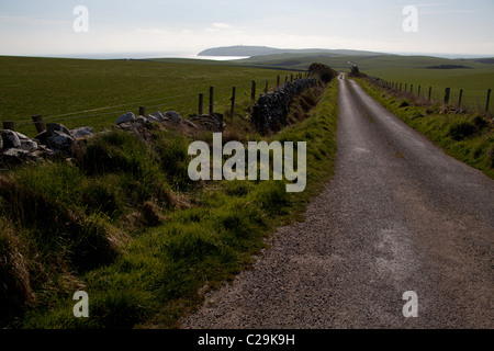Mull of Galloway, Schottland. Einspurigen Straße zum Mull of Galloway mit der irischen See und dem Leuchtturm im Hintergrund. Stockfoto
