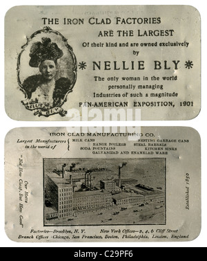 Nellie Bly Trading Card, gedruckt auf Aluminium, aus dem Jahre 1901 Panamerikanischen Ausstellung. Eine Zeit lang war sie eine der führenden Frauen der Industrie in den Vereinigten Staaten auf die Eisen gekleidet Manufacturing Co. in Brooklyn, NY. Stockfoto