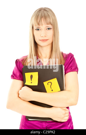 Geschäftsfrau hält einen Ordner mit klebrigen isoliert auf weiss Stockfoto