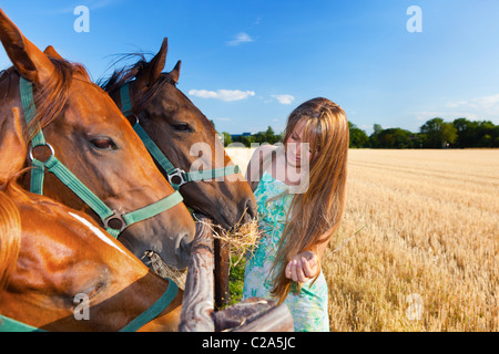 Pferd und blonde Mädchen im Fahrerlager am Sommer Stockfoto