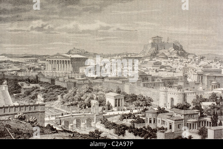 Künstlerische Darstellung von Athen zur Zeit des Kaisers Hadrian, 1. und 2. Jahrhundert n. Chr.. Stockfoto