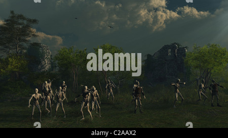 Zombies, die mittelalterliche Burgruine schlich Stockfoto