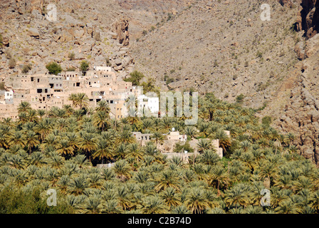 Oman, Misfat, erhöhten Blick auf Wohnstrukturen inmitten von Felsen und Palmen Stockfoto