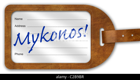 Koffer/Gepäck Label mit "Mykonos!" geschrieben am Stockfoto