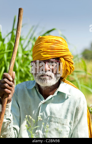 Porträt eines älteren Bauern, der einen Holzstock auf einem Feld in Valsang, Maharashtra, Indien hält. Stockfoto