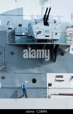 Nahaufnahme Detail der HMS Belfast auf der Themse, London, UK. Stockfoto