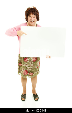 Humorvolle Foto von einem Mann, gekleidet wie eine Frau, mit einem leeren Schild. Isoliert auf weiss. Stockfoto