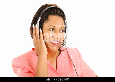 Schöne afrikanisch-amerikanischen Kunden Service Arbeitnehmer isoliert auf weißem Hintergrund. Stockfoto