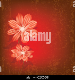 Abstract Grunge Abbildung mit roten Blumen auf rotem Grund geknackt Stockfoto