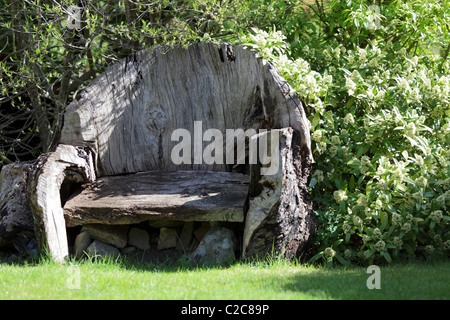 Gebadet im frühen Frühjahr Sonnenlicht ist das handgemacht Garten Sitz, von gefällten Bäumen gebildet und in einem Nachbarn Garten platziert. Stockfoto