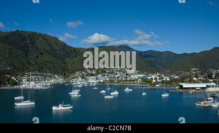 Yachten ankern in Waikawa Bay Picton Queen Charlotte Sound Marlborough New Zealand Stockfoto