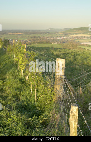 Der Blick von oben Steyning Schüssel heraus über die Sussex Weald und der South Downs National Park. Stockfoto