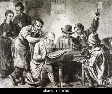 Lesen Sie die Zeitung in der Taverne. Kupferstich, 1876. Stockfoto