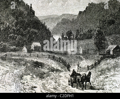 Kanadische Landschaft im achtzehnten Jahrhundert. 19. Jahrhundert-Gravur. Stockfoto