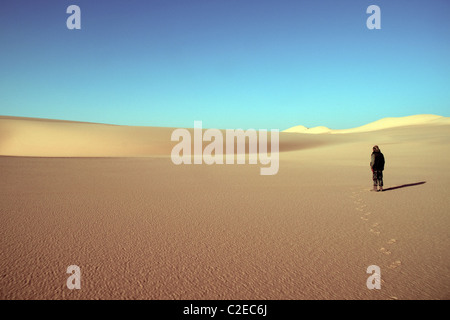 Ein Wüstenforscher allein in den goldenen Dünen des Großen Sandmeers in der Westwüstenregion der ägyptischen Sahara, nahe der Oase Dakhla, Ägypten. Stockfoto