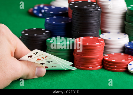 Vier Asse in einer Pokerhand Stockfoto